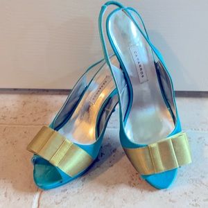 Turquoise and chartreuse Caparros heels